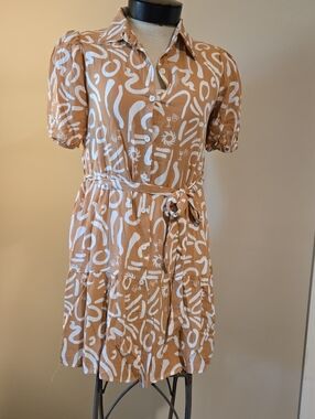 Belted Tan & White Shirt Dress